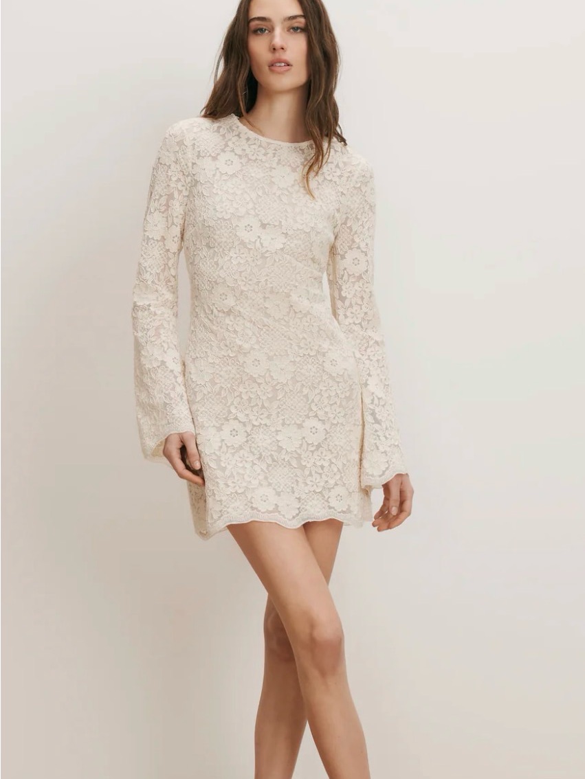 Veronica Beard Cream Floral Lace Long-Sleeve Mini Dress